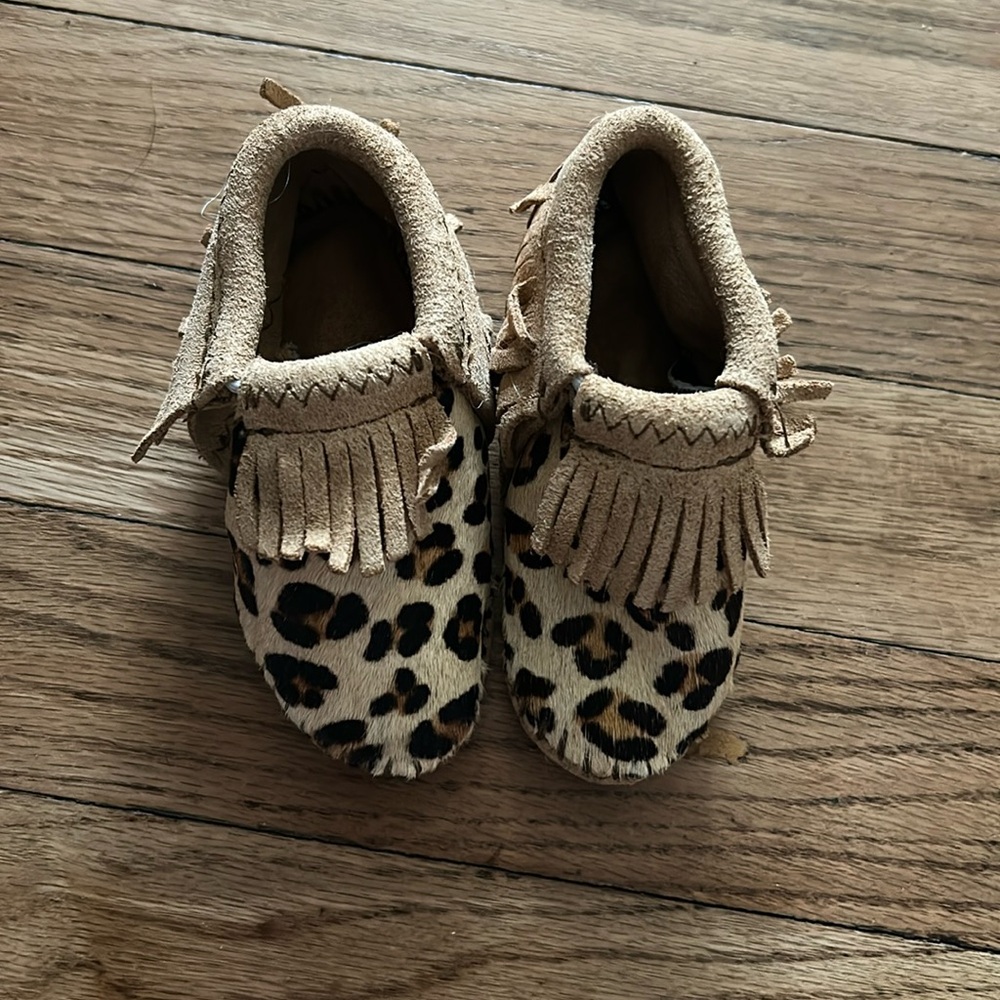 Minnetonka cheetah fringe mocassins